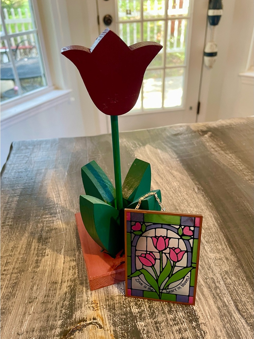 Tulip Décor Bundle – Wooden Flower & “Love Is the Heart in Bloom” Suncatcher